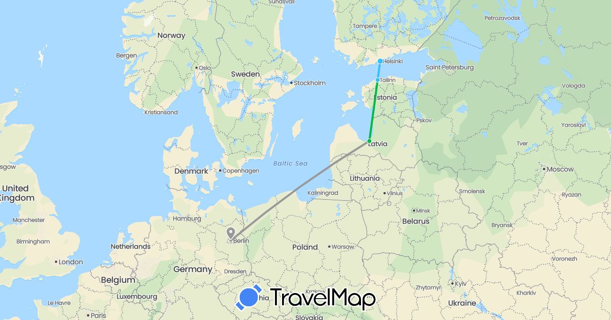 TravelMap itinerary: driving, bus, plane, boat in Germany, Estonia, Finland, Latvia (Europe)